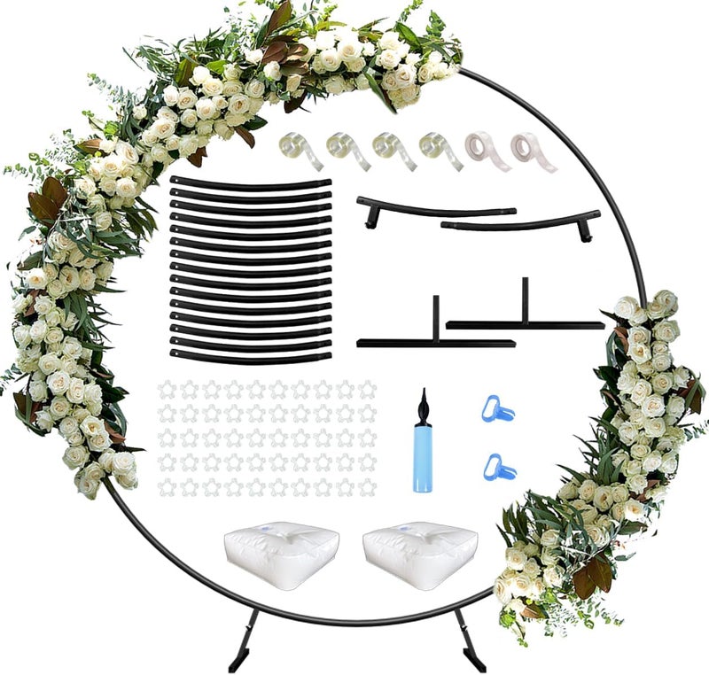 Queension Large Wedding Arch for Ceremony 7 Ft, Metal Balloon Arches Backdrop Stand with Metal Base for Party Supplies, Outdoor Garden Trellis with Water Bag for Climbing Plant, Round Frame, Black - Image 1